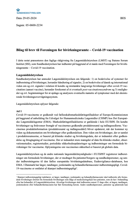 Bilag til brev til Foreningen for bivirkningsramte – Covid-19 vaccination